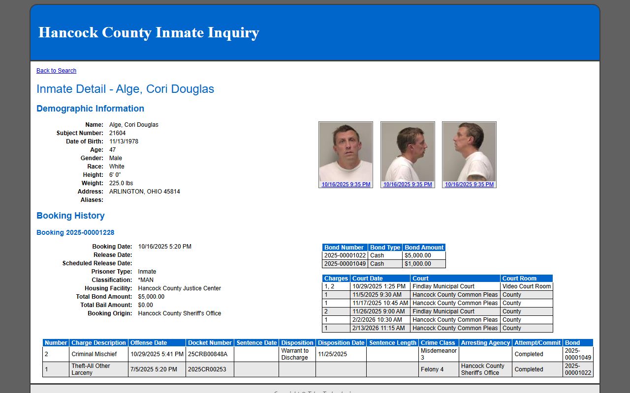 Hancock County inmate profile fields with booking bonds court dates and charges