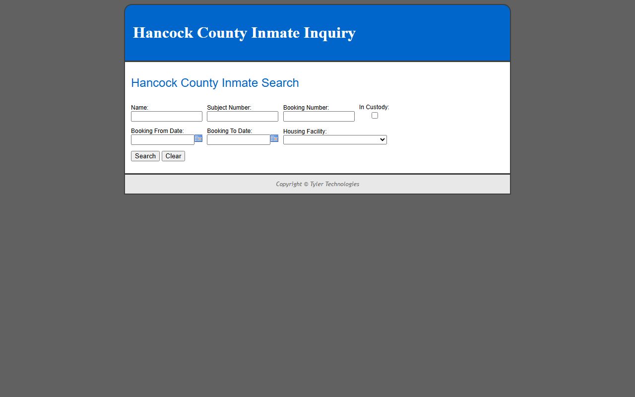 Hancock County inmate inquiry search form fields