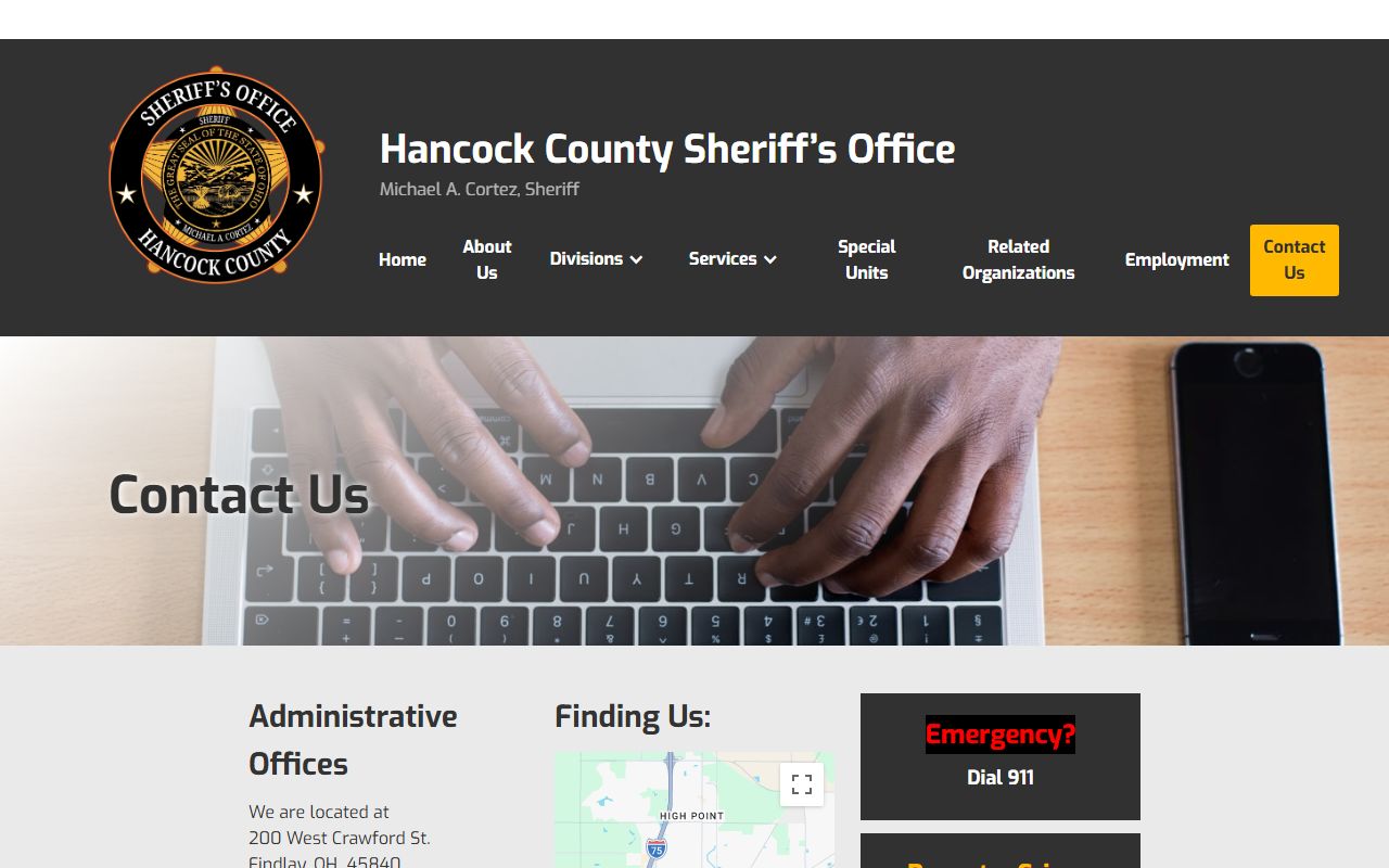 Hancock County Justice Center contact page with jail phone and sheriff office details
