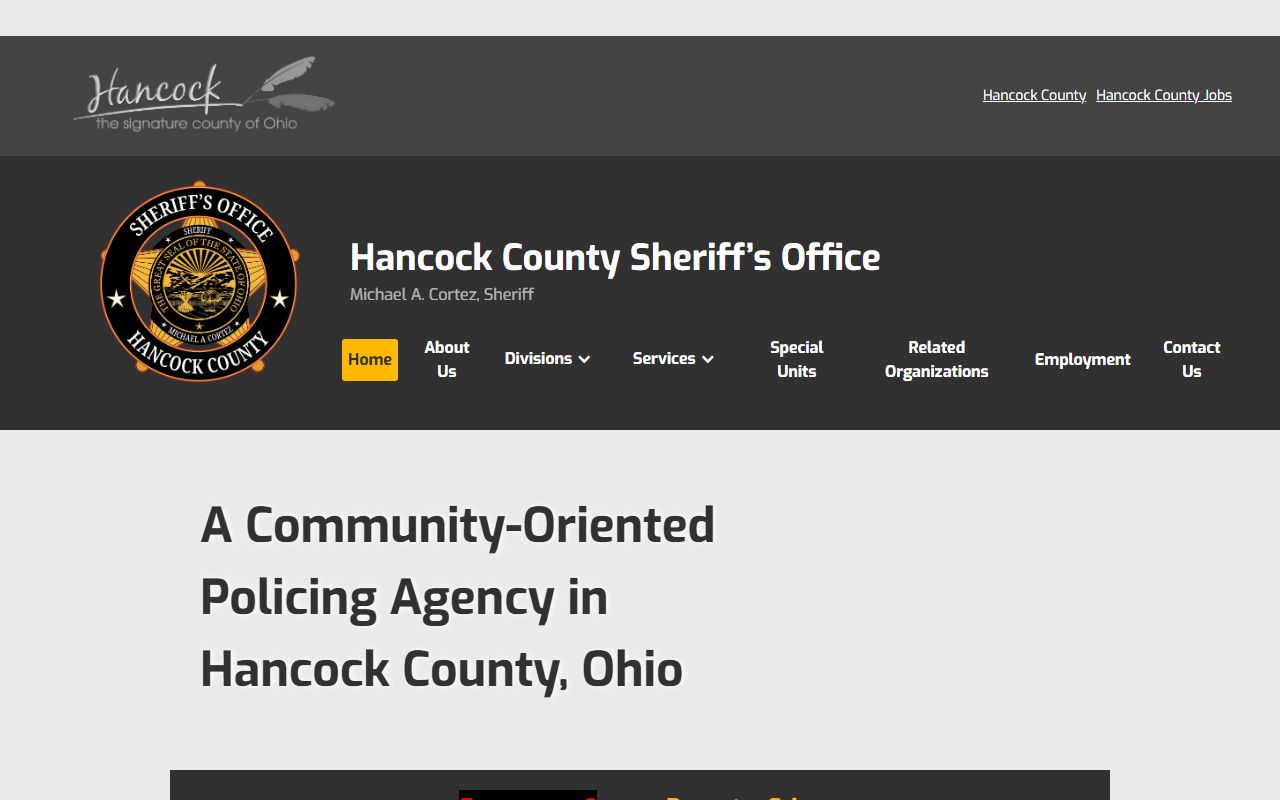 Hancock County sheriff homepage with inmate inquiry and records links